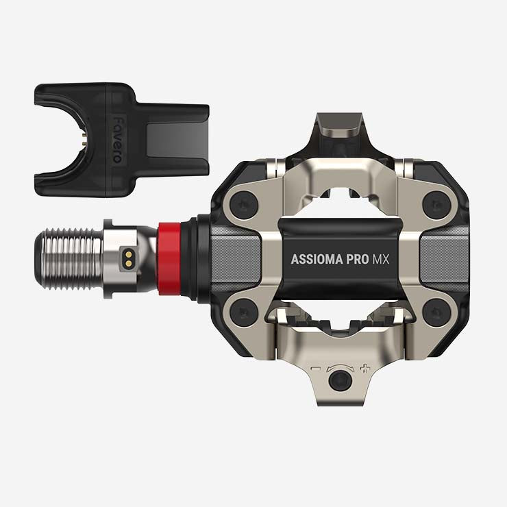 Favero Assioma PRO MX‑UP kit including right power pedal sensor, magnetic charging connectors, and washers