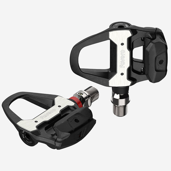 Favero Assioma PRO RS‑1 single-sided SPD‑SL power meter pedal in carbon‑tech body, left pedal sensor visible
