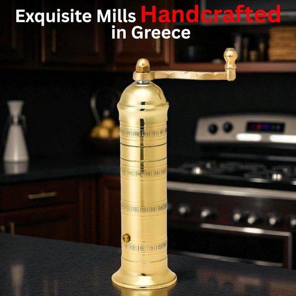 Alexander Mills 10-Inch Original Greek Brass Pepper Mill with hand crank and cleaning brushes – 2025 upgraded version
