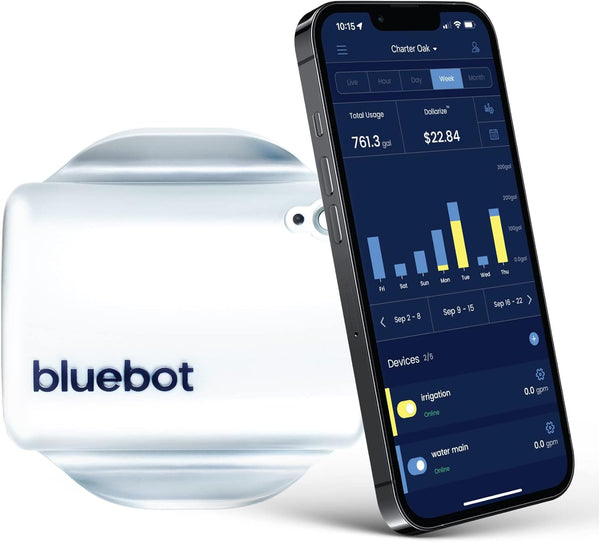 Bluebot flow meter clamped on pipe with app display