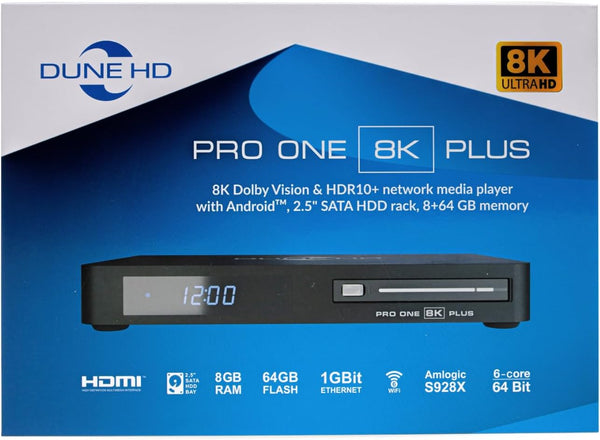 Dune HD Pro One Plus 8K media player with HDR support and Bluetooth remote