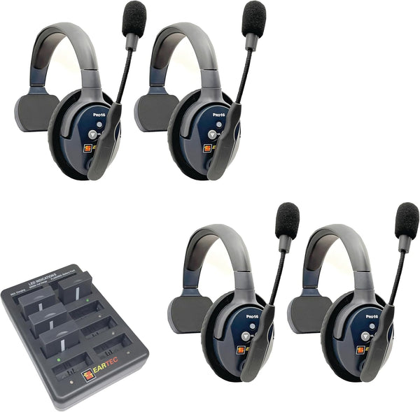 Ultralite ETP4S full duplex wireless intercom system with four single headsets and noise-reducing microphones