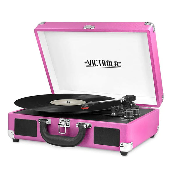 Victrola Bluetooth suitcase turntable open with vinyl playing
