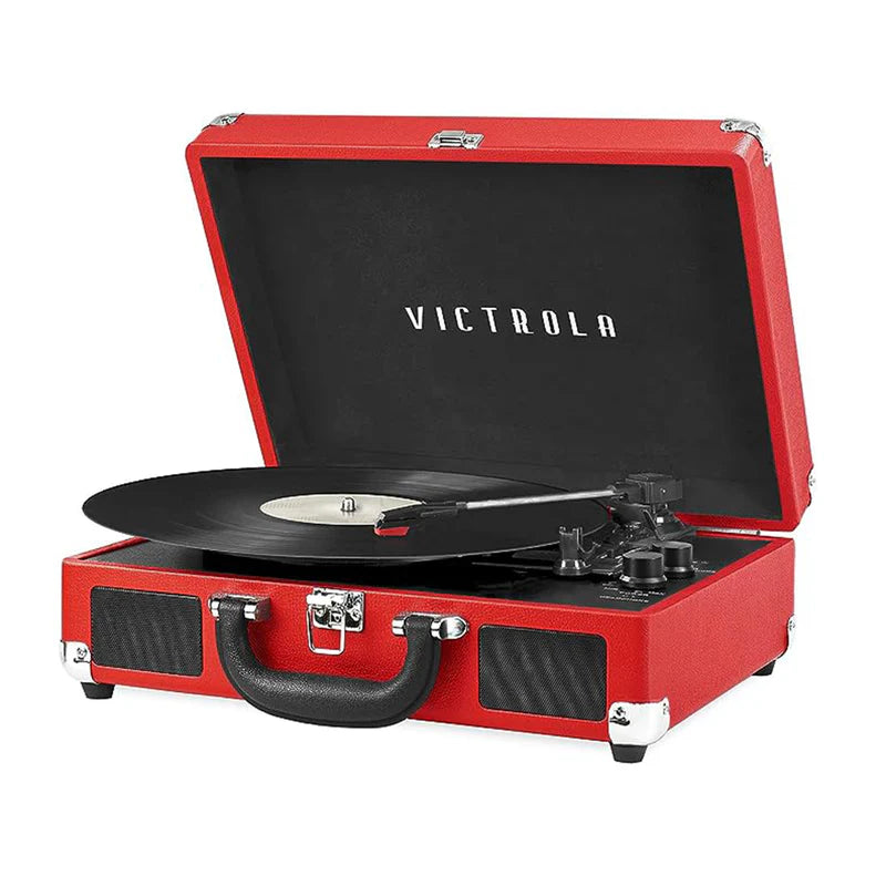 Victrola Bluetooth suitcase turntable open with vinyl playing