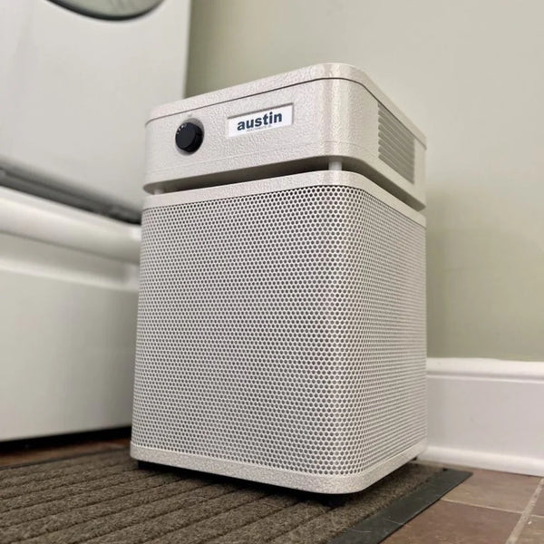 Austin Air HealthMate Junior compact air purifier with 360-degree intake and steel housing.