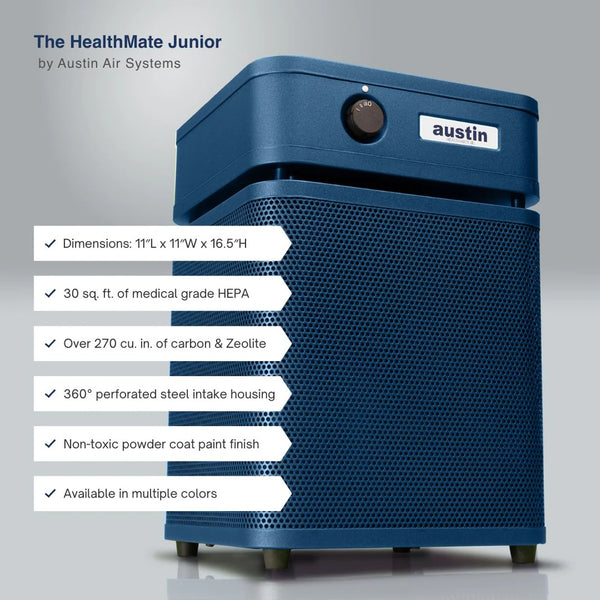 Austin Air HealthMate Junior compact air purifier with 360-degree intake and steel housing.