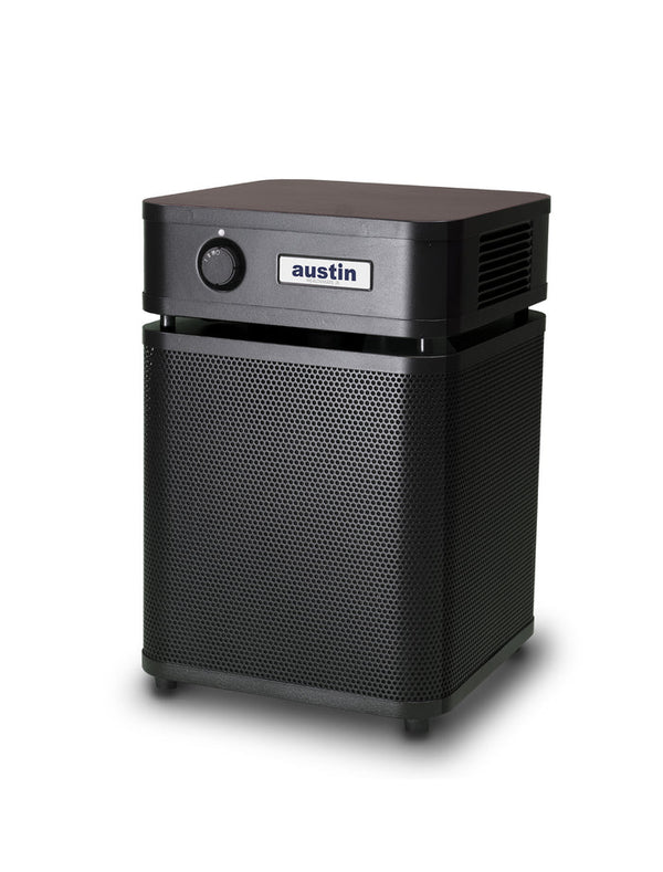 Austin Air HealthMate Junior compact air purifier with 360-degree intake and steel housing.