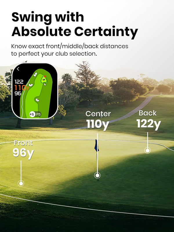 Golfer using the MILESEEY EliteVision touchscreen golf rangefinder on the course to measure distance to the flag.