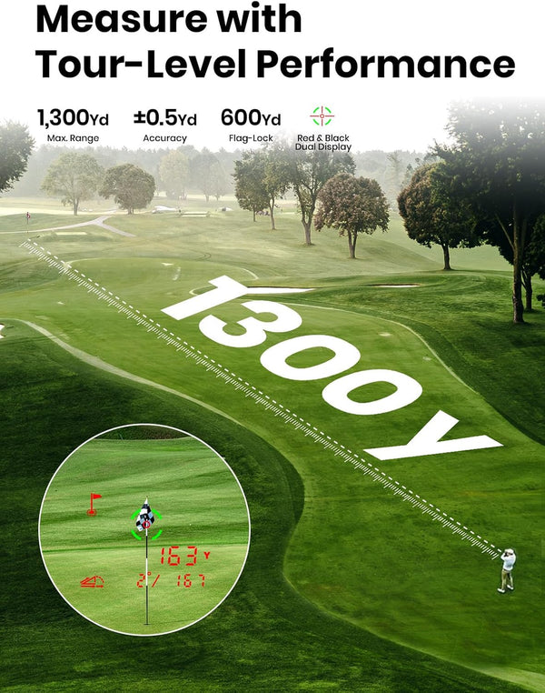 Golfer using the MILESEEY EliteVision touchscreen golf rangefinder on the course to measure distance to the flag.