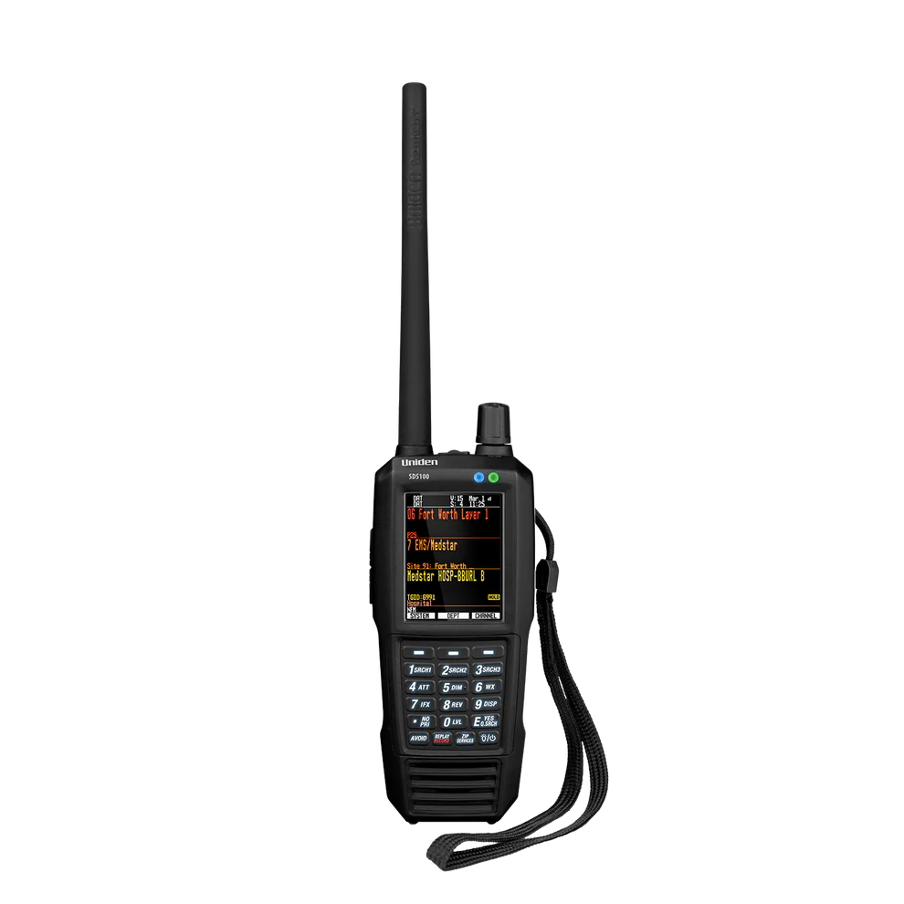 Uniden SDS100 handheld digital police scanner with display and antenna.