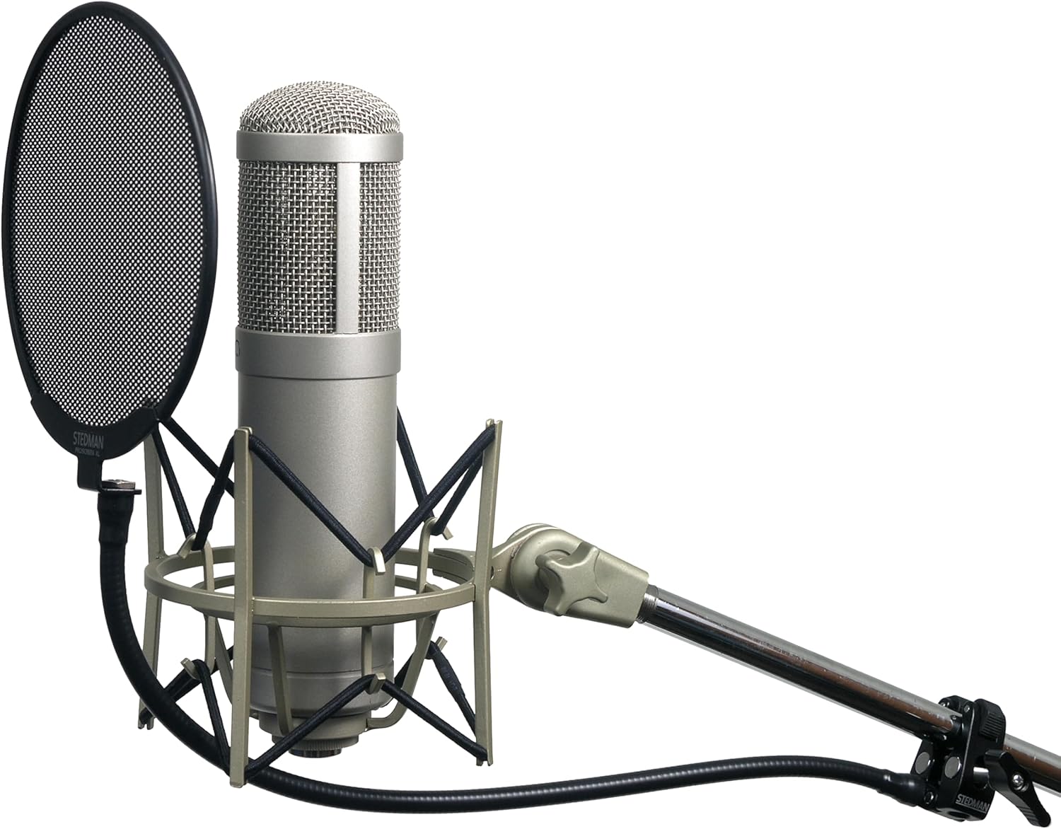 Proscreen XL metal pop filter with adjustable gooseneck attached to microphone stand for studio recording