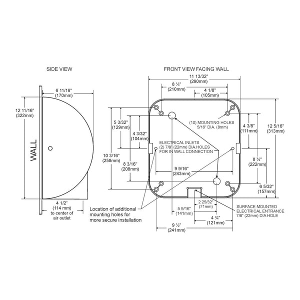 XLERATOR XL-BW-ECO hand dryer side view showing surface mount installation design