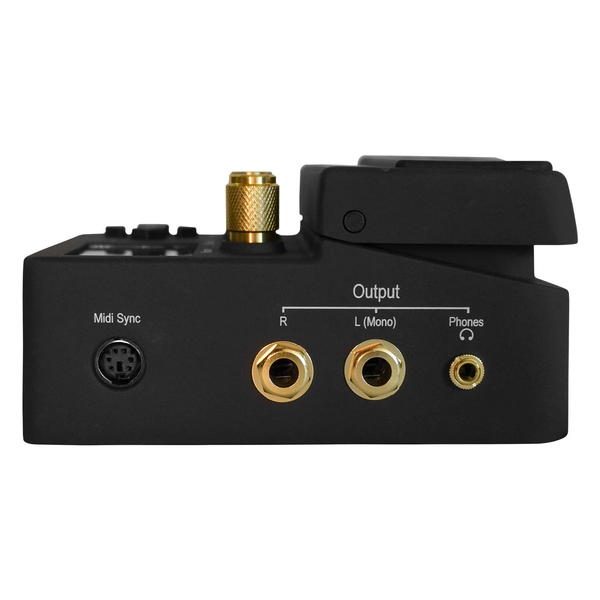 Rear panel of BeatBuddy drum pedal showing MIDI sync, output jacks, and headphone connection