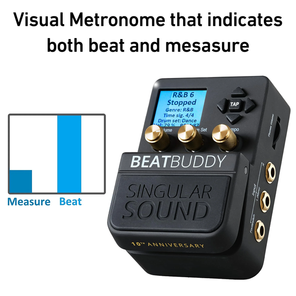 BeatBuddy drum machine pedal showing visual metronome for beat and measure timing control