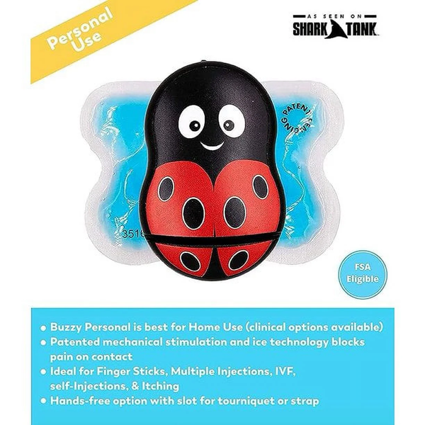 Buzzy personal pain relief device features for home use with ice and vibration technology