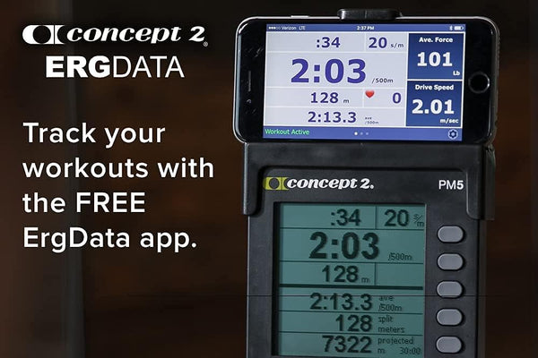 Concept2 RowErg connected to ErgData app for tracking rowing workouts and performance metrics