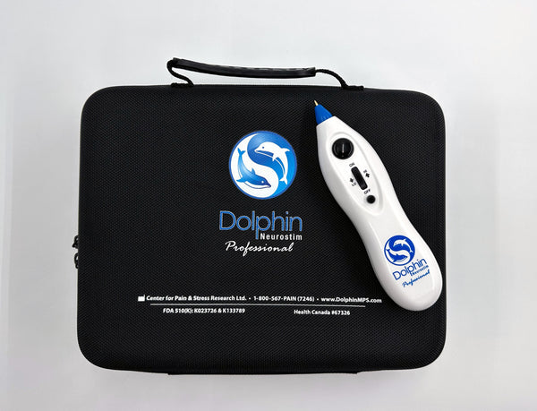 close up of Dolphin Neurostim handheld device with blue tip