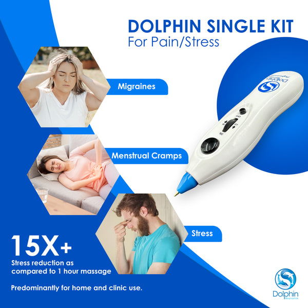 person using Dolphin Neurostim device for stress and muscle relief at home