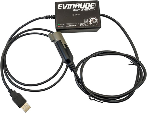 EvDiag Evinrude engine diagnostic kit connected to outboard motor