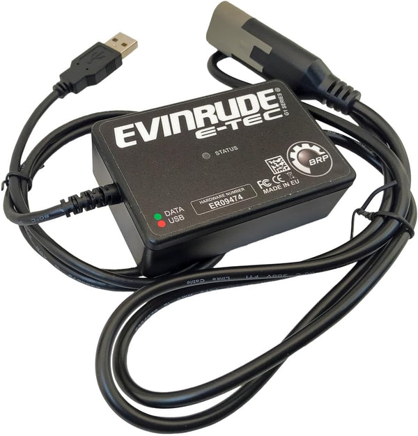 EvDiag Evinrude engine diagnostic kit connected to outboard motor