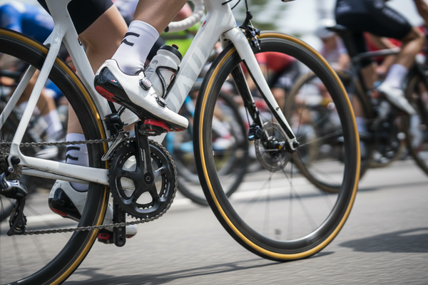 Cyclist riding road bike using Favero Assioma power meter pedals during road cycling race