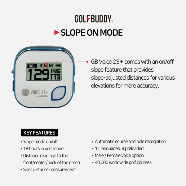 GolfBuddy Voice 2S+ Talking GPS Rangefinder clipped on a hat, showing screen and audio control