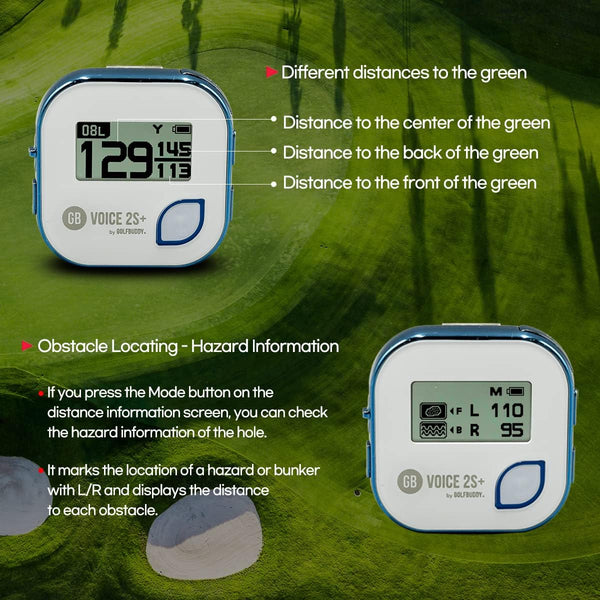 GolfBuddy Voice 2S+ Talking GPS Rangefinder clipped on a hat, showing screen and audio control
