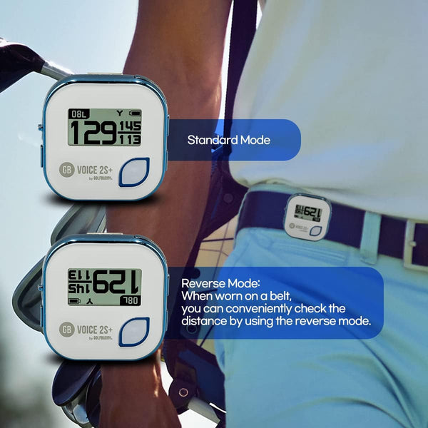 GolfBuddy Voice 2S+ Talking GPS Rangefinder clipped on a hat, showing screen and audio control