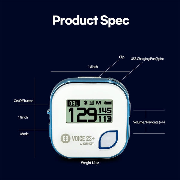 GolfBuddy Voice 2S+ Talking GPS Rangefinder clipped on a hat, showing screen and audio control