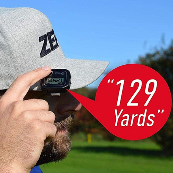 GolfBuddy Voice 2S+ Talking GPS Rangefinder clipped on a hat, showing screen and audio control