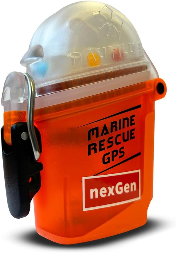Angled side view of Marine Rescue GPS nexGen emergency locator beacon with secure clip attachment