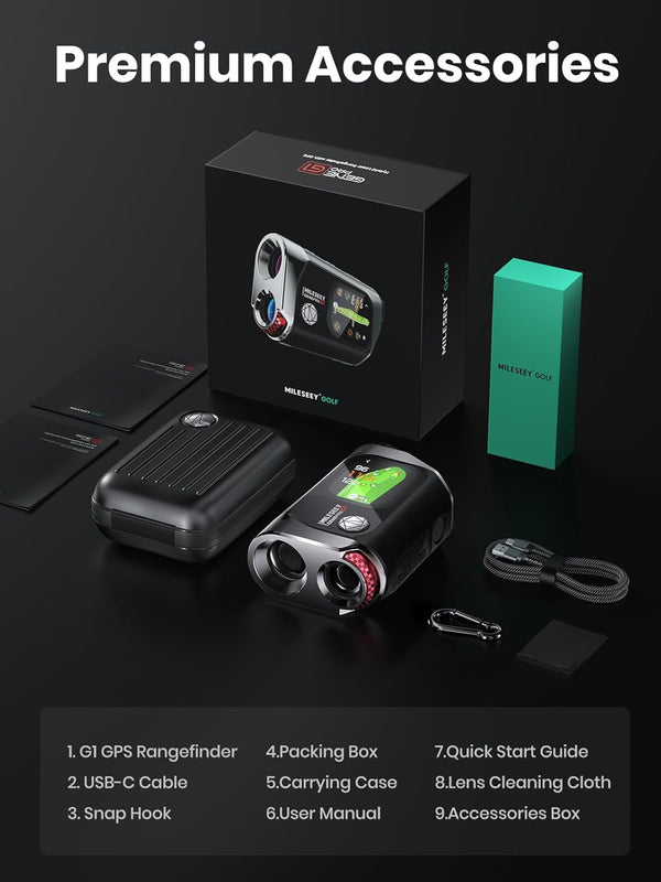 MILESEEY GenePro G1 GPS rangefinder package including carrying case, USB-C cable, manual, and accessories box