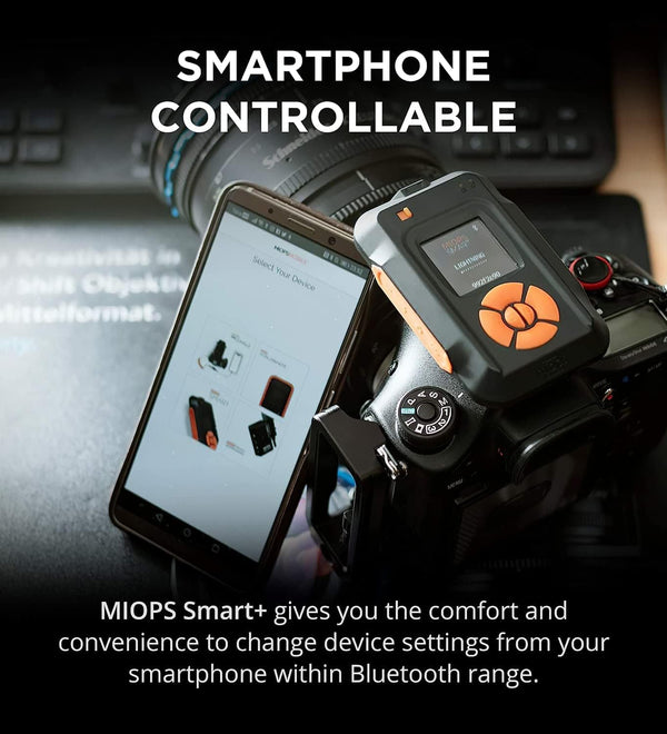 MIOPS Smart Plus camera trigger controlled via smartphone Bluetooth app for remote shooting