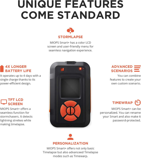 MIOPS Smart Plus camera trigger showing features like long battery life LCD screen and advanced shooting modes