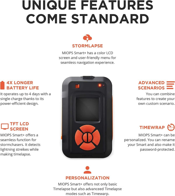 MIOPS Smart Plus camera trigger showing stormlapse mode long battery life LCD screen and advanced shooting features