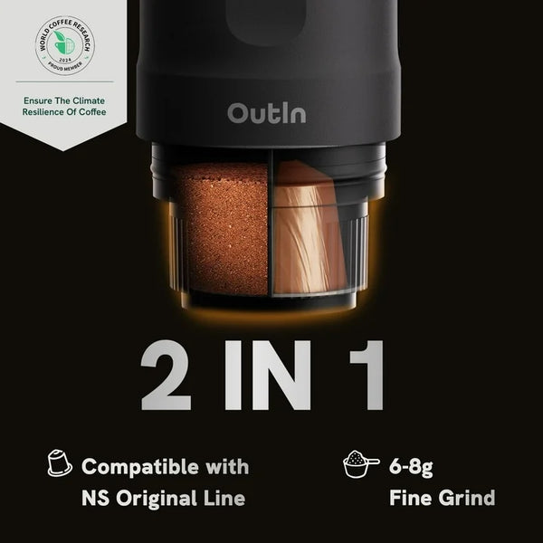 OutIn Nano portable espresso maker compatible with Nespresso original capsules and ground coffee