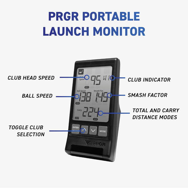 PRGR portable launch monitor labeled feature guide showing club speed, ball speed, smash factor, and carry modes
