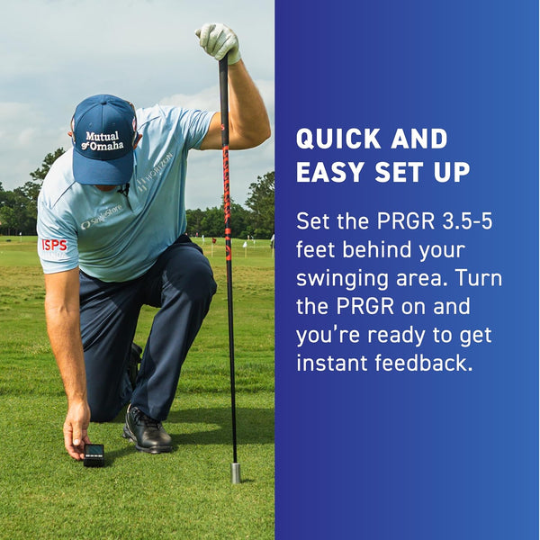 Golfer setting up PRGR portable launch monitor behind tee area for accurate golf swing measurements