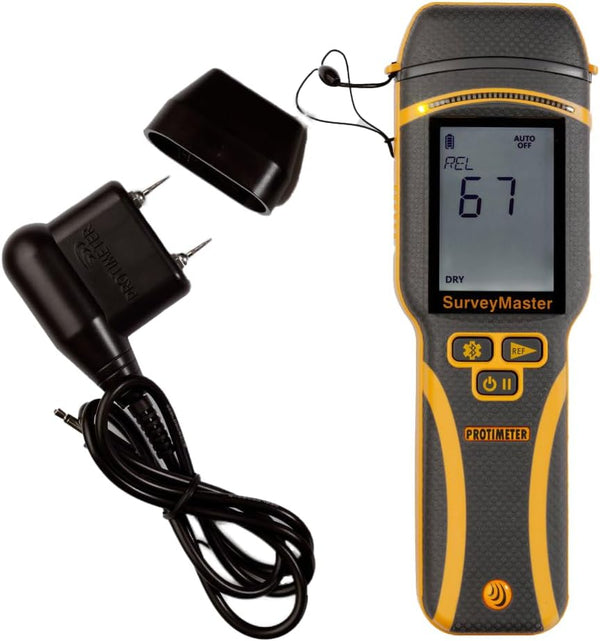 Protimeter SurveyMaster moisture meter connected to external pin probe accessory for moisture testing