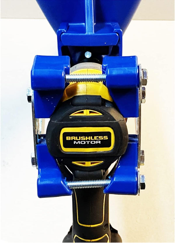 Close-up of Quikpoint clamp securely mounted on drill showing tight grip and alignment