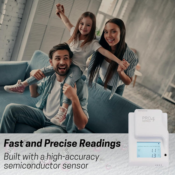 Family at home protected by SafetySiren PRO4 radon gas detector for indoor air safety