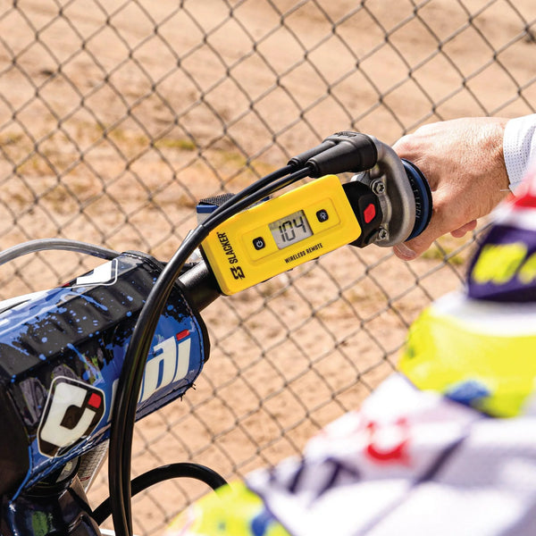 Slacker sag tool showing real time suspension sag readings on motorcycle handlebar