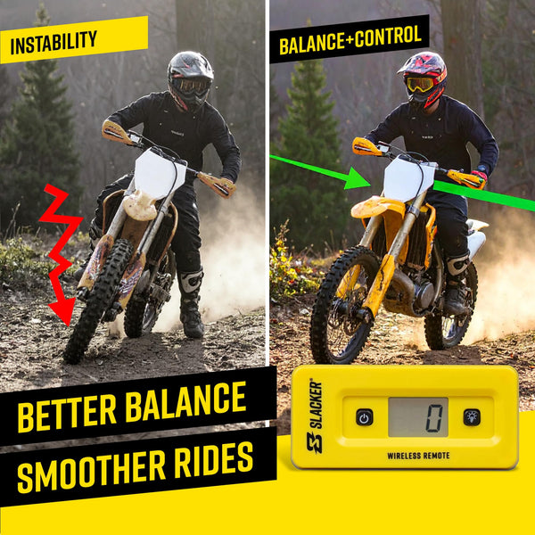 Motorcycle suspension improvement comparison showing better balance and smoother ride with Slacker sag tool