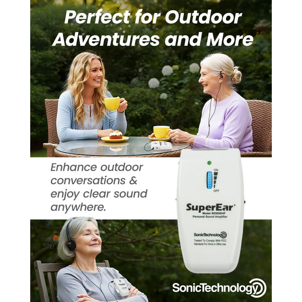 SuperEar personal sound amplifier used outdoors for clearer conversations and listening