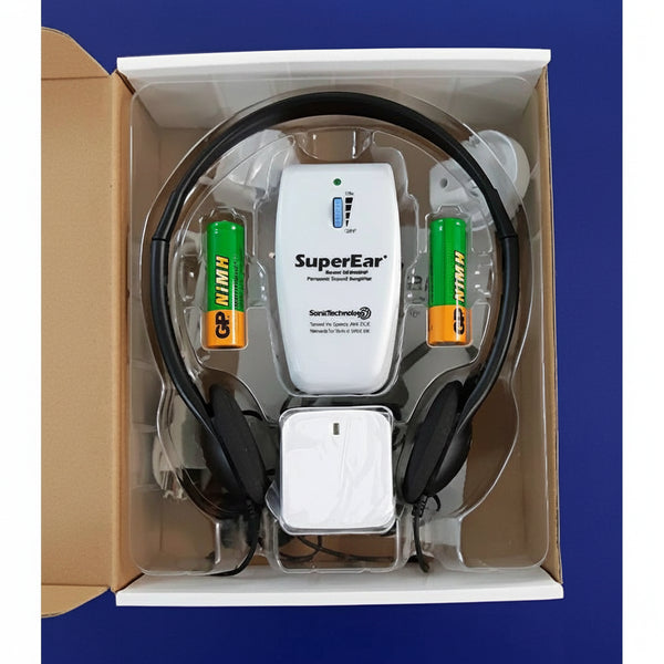 SuperEar SE9000HP box contents including amplifier headphones earbuds and AA batteries