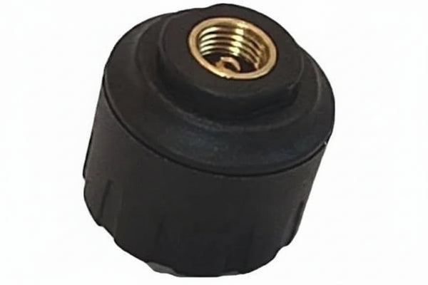 Close up of TST 507 TPMS cap sensor with threaded valve connection for tire pressure monitoring