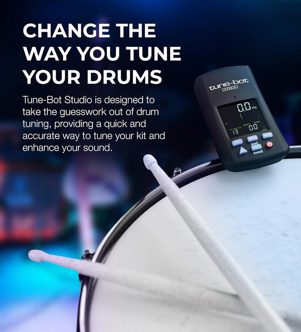 Tune-Bot Studio drum tuner placed on drum helping musicians tune drums quickly and accurately