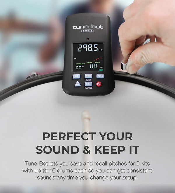 Tune-Bot Studio being used to tune drum head for precise pitch and consistent sound