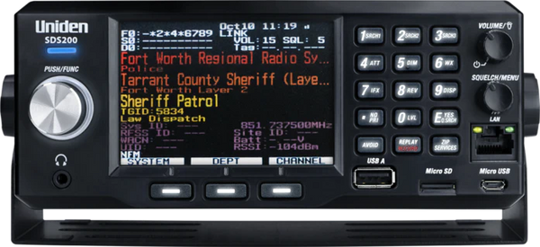 Views of the Uniden Bearcat SDS200 police scanner with color display and function keys