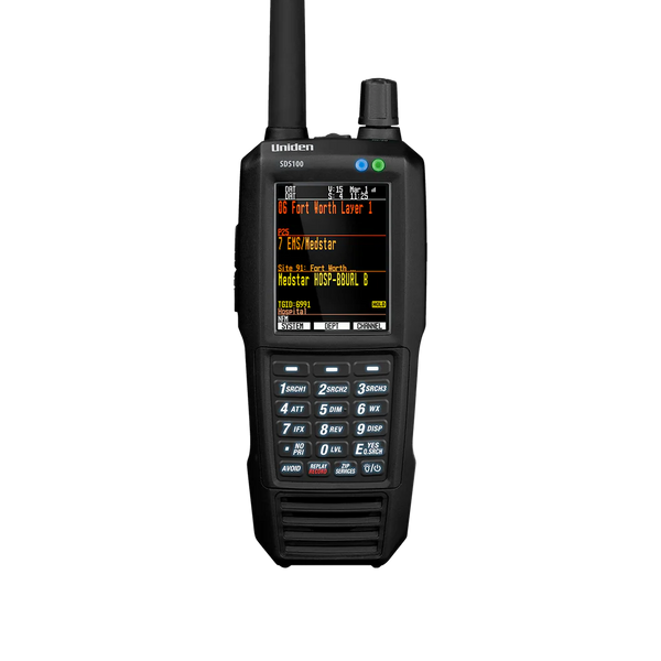 Uniden SDS100 digital scanner close-up showing color display with active radio channel information
